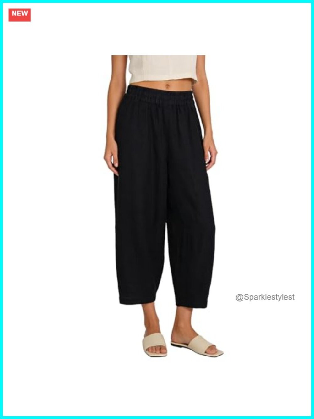 100% Linen Wide Leg Ankle Pants Cropped Elastic Waist Lounge